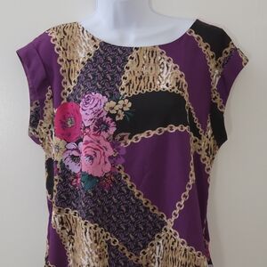 Jaclyn Smith Purple Floral & Chain-Print Cap Sleeve Top